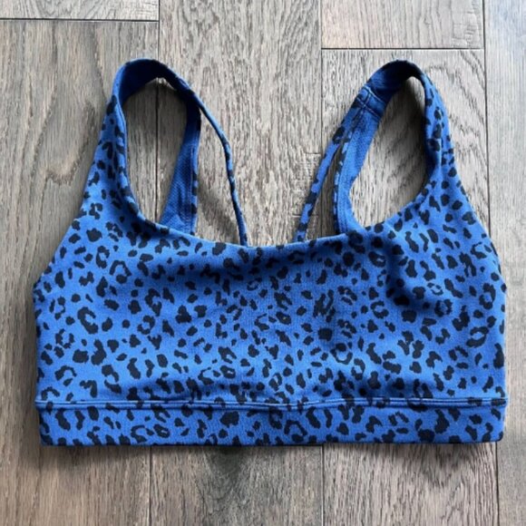 Athleta Strappy Sports Bra Size S Blue Cheetah Print Athletic Yoga Run Active - Picture 1 of 4